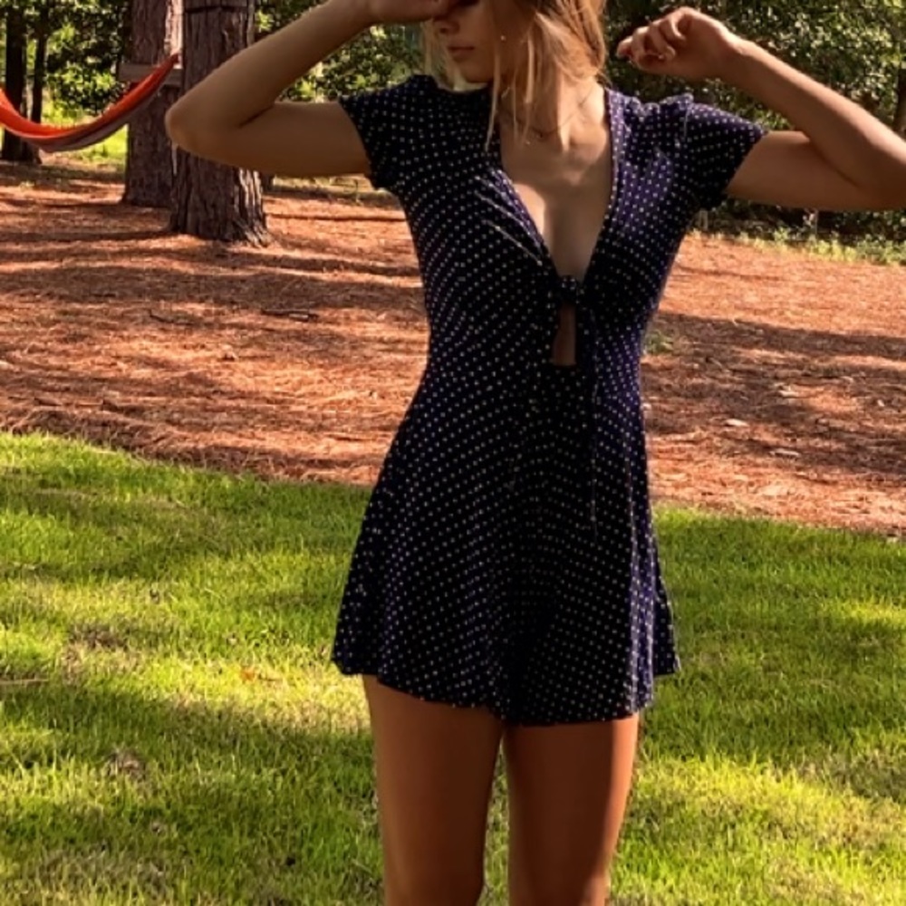 Francesca’s Miami Navy and White Polka Dot Romper